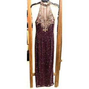 Magnificent Alyce Design Halter Beaded Dress Burgundy hei8075